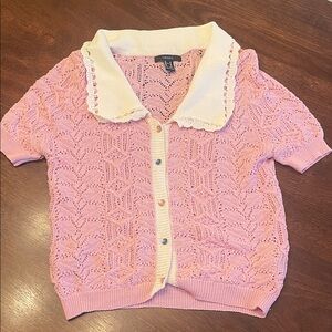 Pink Knit Cardigan with White Collar